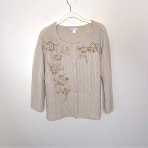 Garnet Hill Cream Cardigan with Elegant Floral Design Romantic VTG Y2K